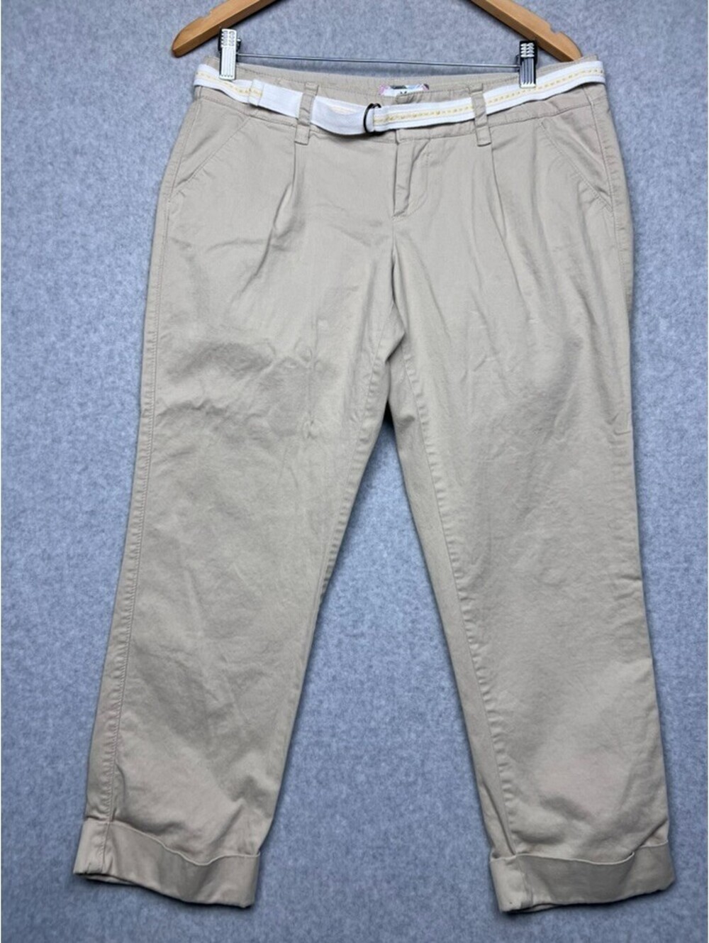 y2k American Eagle Crop Chino Pants 8 Tan Khaki Belted Cuffed Stretch Preppy
